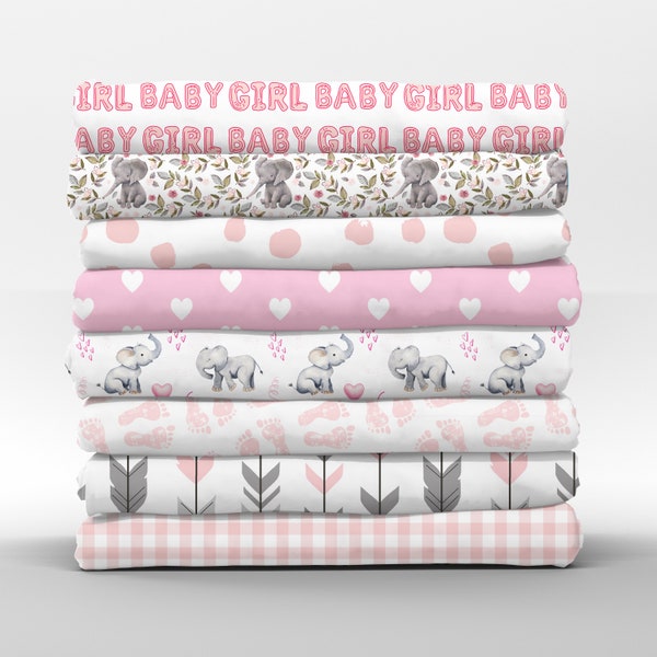 Baby Girl Cotton Fat Quarters - Pink Gray Elephants Infant Newborn Nursery Petal Quilting Cotton Mix & Match Fat Quarters by Spoonflower