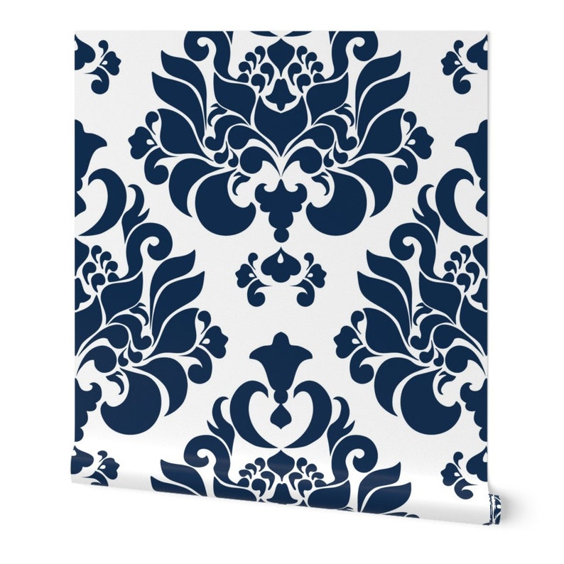 Navy Damask Wallpaper Damask Navy by Mintedtulip Victorian Etsy