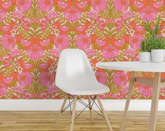 Retro Pink Floral Peel and Stick Wallpaper - Psychedelic Flower Retro Wildflowers - Removable Wall Decor Art - Blooms '69 by nanshizzle