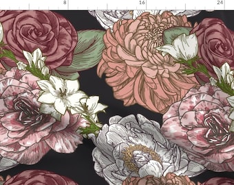 May include: A seamless pattern featuring a variety of pink, white, and green flowers on a black background. The flowers include roses, peonies, and chrysanthemums.