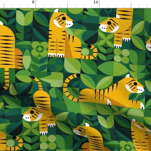 Geometric Jungle Fabric - Tigers In The Jungle By Analinea - Year of the Tiger Green Shapes Geo Cotton Fabric By The Yard With Spoonflower