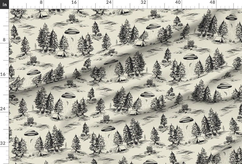 Alien Toile Fabric - Alien Abduction Toile De Jouy by somecallmebeth - Black Space Alien Aliens Toile Ufos Fabric by the Yard by Spoonflower image 2