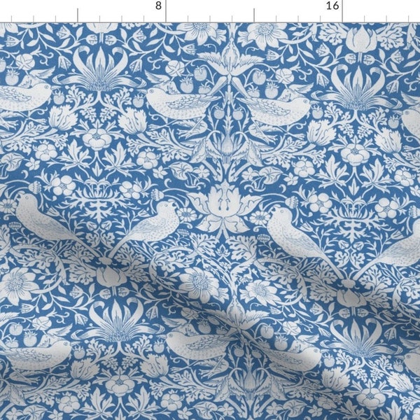 William Morris Fabric - Strawberry Thief Blue by peacoquettedesigns - Blue White Victorian England Tudor Fabric by the Yard by Spoonflower