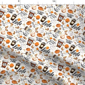 Coffee Fabric - Pumpkin Spice Latte By Parisbebe - Coffee Fall White Orange Seasonal Thanksgiving Cotton Fabric By The Yard With Spoonflower