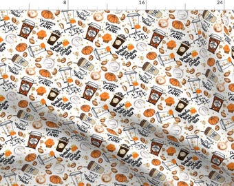 Coffee Fabric - Pumpkin Spice Latte By Parisbebe - Coffee Fall White Orange Seasonal Thanksgiving Cotton Fabric By The Yard With Spoonflower