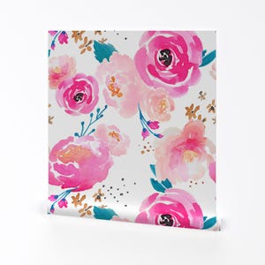 Papier peint floral géant - Fleurs percées C par Indybloomdesign - Rouleau de papier peint auto-adhésif amovible aquarelle rose blanc par Spoonflower