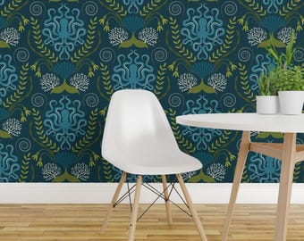 Papel pintado náutico - Damasco náutico azul marino de Katerhees - Rollo de papel pintado autoadhesivo removible con estampado personalizado en azul victoriano de Spoonflower