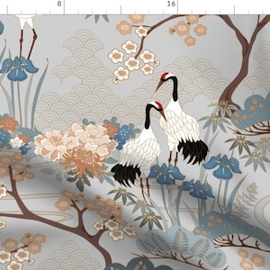 Cherry Blossom Cranes Fabric - Large Scalejapanese Garden Grey 24in By Juditgueth - Asian Cotton Fabric By The Yard With Spoonflower