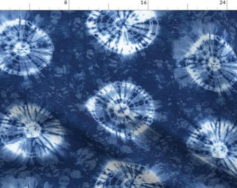 Shibori Fabric - Shibori 26 Indigo By Theplayfulcrow - Shibori Dye Indigo White Circles Tie Dye Cotton Fabric By The Yard With Spoonflower