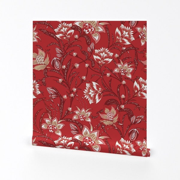 Red Floral Vintage Wallpaper Etsy