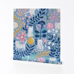 Floral Cats Wallpaper - Spring-Cats By Kostolom3000 - Blue Pink Kids Whimsical Kitten Removable Self Adhesive Wallpaper Roll by Spoonflower image 2