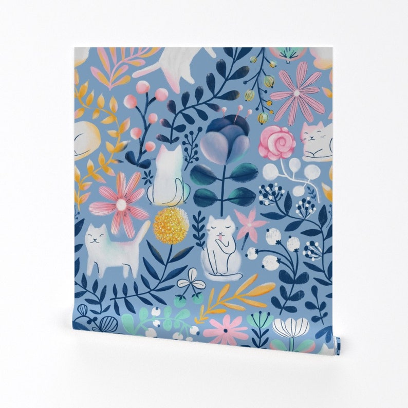 Floral Cats Wallpaper - Spring-Cats By Kostolom3000 - Blue Pink Kids Whimsical Kitten Removable Self Adhesive Wallpaper Roll by Spoonflower image 2