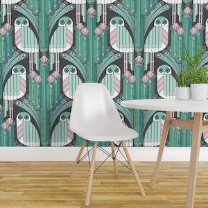 Art Deco Owls Peel and Stick Wallpaper - Teal Pastel Pink Aqua Saguaro Cactus - Removable Wall Decor Art - Deco Desert Bright by nanshizzle