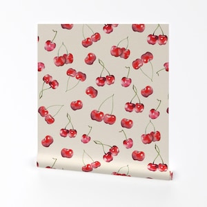 Cherries Wallpaper - Cherry Pattern By Timone - Cherries Fruit Beige Red Candy Sweet Removable Self Adhesive Wallpaper Roll by Spoonflower