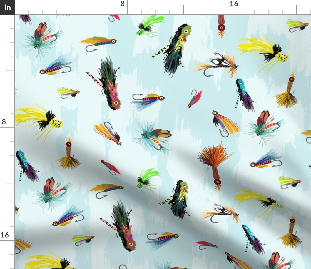 Fly Fishing Lures Sport Water Feathers Hooks Cotton Fabric By The