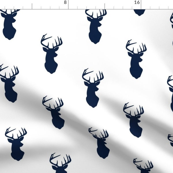 Buck Fabric - Navy Buck // Rustic Woods By Littlearrowdesign - Woodland Deer Head Cotton Fabric By The Yard With Spoonflower