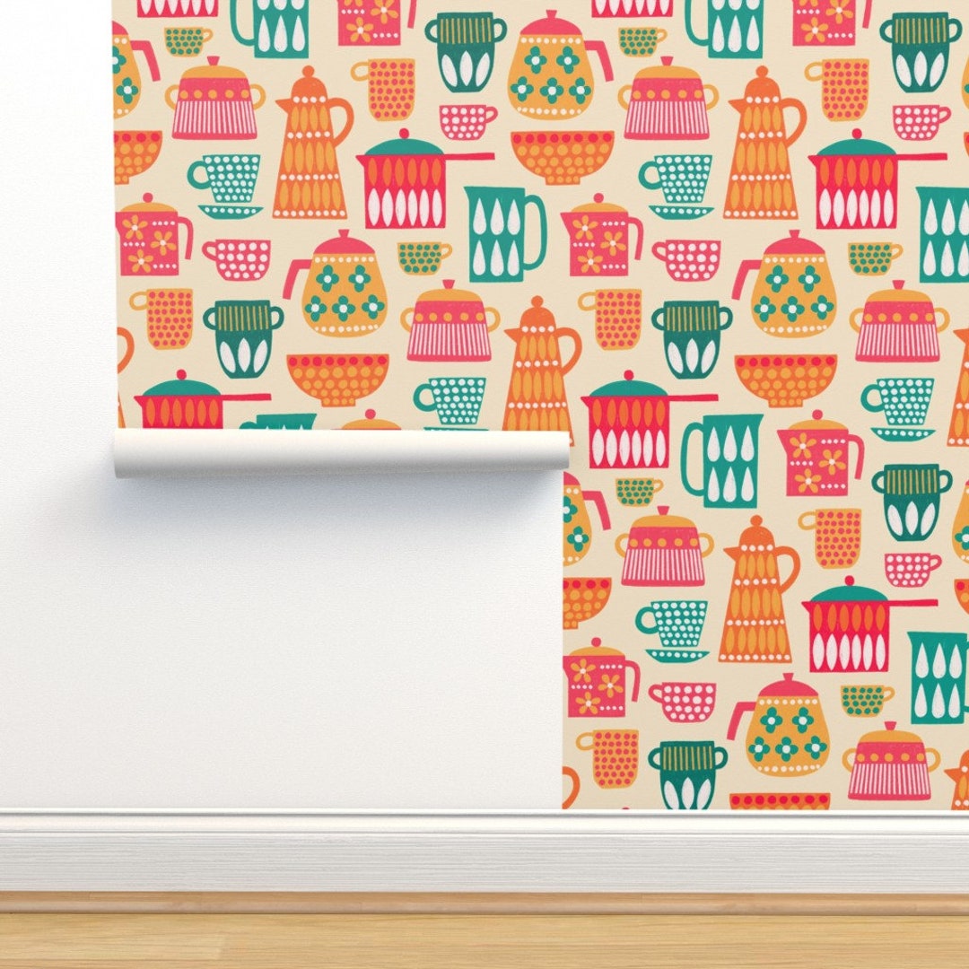 Vintage Kettles Wallpaper Retro Kitchen Pots by Aaron_gallen Etsy