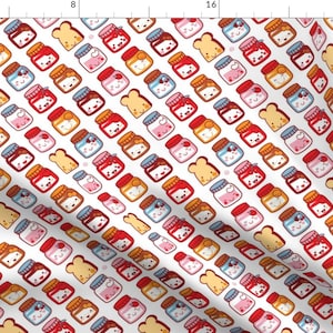 May include: A white background with a repeating pattern of cartoon jars filled with different colored spreads. The jars have cute faces and are arranged diagonally.