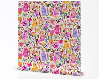 Whimsical Cats Removable Peel and Stick Wallpaper - Bright Pink Colorful Kids - Wall Art Wall Decor - Bright Kittens by subhashini_narayanan