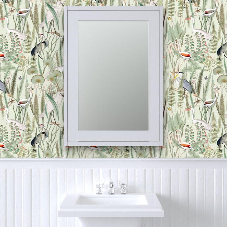Coastal Wallpaper - Herons In Marsh By Down River Homegoods - Light Green Swamp Bird Removable Self Adhesive Wallpaper Roll by Spoonflower image 8