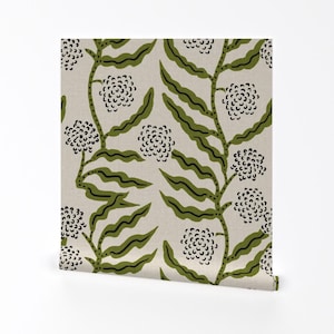 Floral Stripe Removable Peel and Stick Wallpaper - Dark Moss Green Beige - Wall Art Wall Decor - Flowering Vine by holli_zollinger