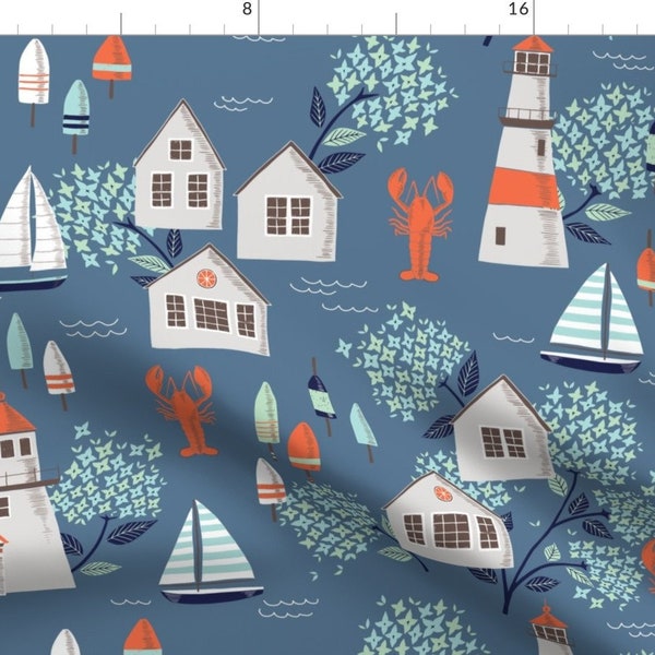 Nantucket Blue Beach Houses Nautical Fabric - Nantucket Summer By Yellowinkstudio - Nantucket Cotton Fabric By The Yard With Spoonflower