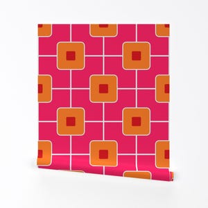 Mid-Century Modern Wallpaper - Mid Century Pink Orange Red By Franbail - Custom Printed Removable Adhesive Wallpaper Roll by Spoonflower