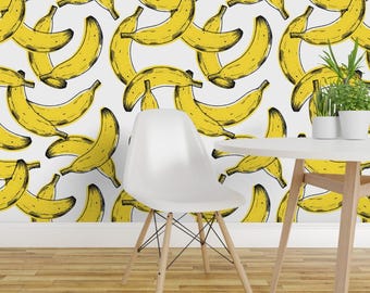 Banana Wallpaper - Banana By Adehoidar - Banana Yellow White Pop Custom Printed Removable Self Adhesive Wallpaper Roll by Spoonflower