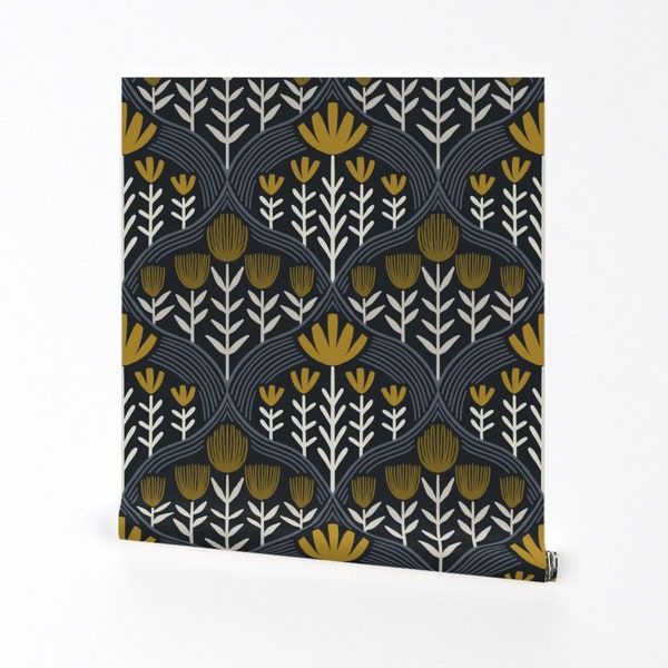 Floral Wallpaper - Toulouse By Amy Maccready - Yellow Charcoal Gray Flower Geo Damask Removable Self Adhesive Wallpaper Roll by Spoonflower