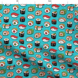 Kawaii Fabric - Cute Kawaii Sushi Small Size By Penguinhouse - Kawaii Sushi Food Japanese Aqua Cotton Fabric By The Yard With Spoonflower