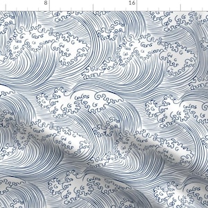 May include: A seamless pattern of blue waves on a white background. The waves are drawn in a stylised, Japanese-inspired style.