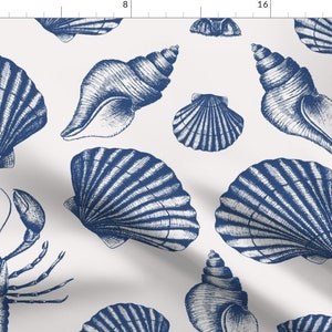 Coastal Toile Fabric Lobster And Seashells by studio_assorti Large Scale Maritime Damask Cobalt Blue Fabric by the Yard by Spoonflower image 1