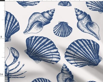 Coastal Toile Fabric - Lobster And Seashells by studio_assorti - Large Scale Maritime Damask Cobalt Blue Fabric by the Yard by Spoonflower