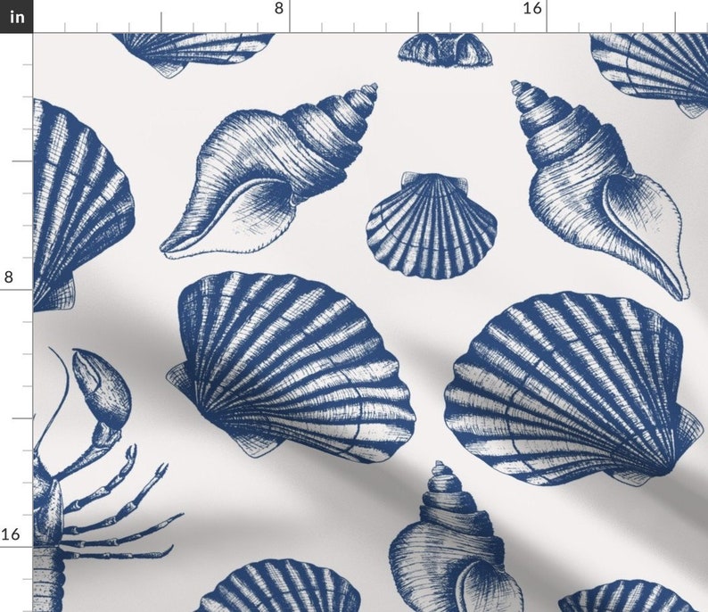 Coastal Toile Fabric Lobster And Seashells by studio_assorti Large Scale Maritime Damask Cobalt Blue Fabric by the Yard by Spoonflower image 1