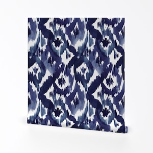 Ikat Wallpaper - Indigo Blue Ikat Diamonds By Crystal Walen - Ikat Blue Custom Printed Removable Self Adhesive Wallpaper Roll by Spoonflower