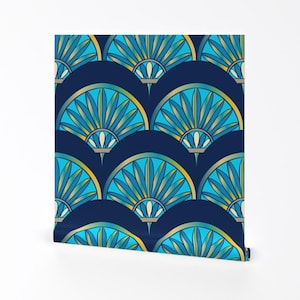 Art Deco Wallpaper - Art Deco Fan Pattern Blue By Bruxamagica - Nouveau 1920s Glam Removable Self Adhesive Wallpaper Roll by Spoonflower
