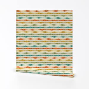 « Papier peint amovible amovible Mod vintage - Rayures vertes rétro oranges dorées - Décoration murale art mural - Rayures rétro » par studioxtine