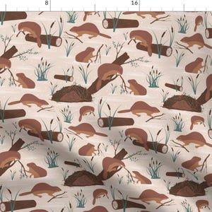 Wetland Animals Fabric - Beavers At Work by famenxt - Canada Lodge Camping Water Animals Beavers Dam Fabric by the Yard by Spoonflower