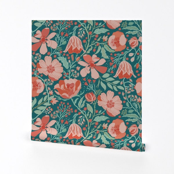 Coral Chintz Wallpaper - Victorian Floral by jill_o_connor - Blue Green Pink Jumbo Scale  Removable Peel and Stick Wallpaper by Spoonflower