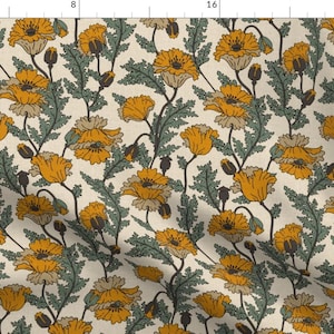 Vintage Floral Fabric - Joon Poppy Bright by holli_zollinger - California Poppy Bohemian Botanical Fabric by the Yard by Spoonflower