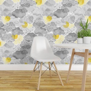 Kids Wallpaper - The Sun Shines Above The Clouds By Cat Hayward - Gray Yellow Sky Removable Self Adhesive Wallpaper Roll by Spoonflower