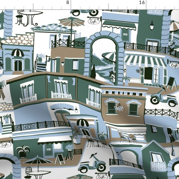 Cafe Buildings Fabric - The Cafe Street By The Deco Story - Blue Sage Green City Market Bistros Cotton Fabric By The Yard With Spoonflower