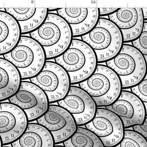 May include: A seamless pattern of black and white clock faces with a spiral design. The clocks are arranged in a repeating pattern, creating a sense of infinity.