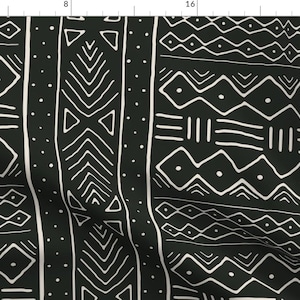 Mudcloth Fabric - Mudcloth In Bone On Black by domesticate - Black Cream African Tribal Geometric Fabric by the Yard by Spoonflower