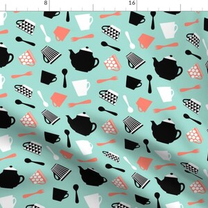 Modern Tea Time Fabric - Strawberry Mint Tea Time By Oleynikka - Mod Scandi Kitchen Decor Cotton Fabric By The Yard With Spoonflower