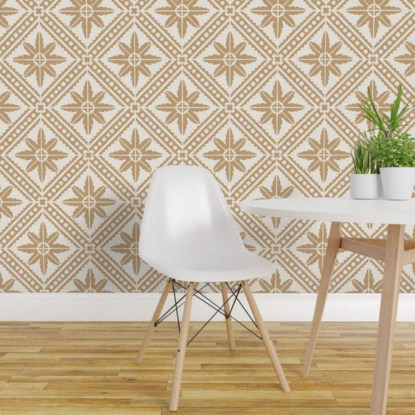 Moroccan Tile Wallpaper - Kraft Taza Star By Holli Zollinger - Neutral Ethnic Geo Removable Self Adhesive Wallpaper Roll by Spoonflower