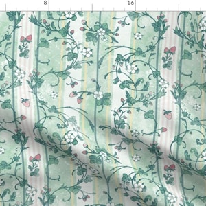 18th Century Style Fabric - Rococo Strawberry Stripes By Lemon Chiffon - Green Ornamental Elegant Cotton Fabric By The Yard With Spoonflower