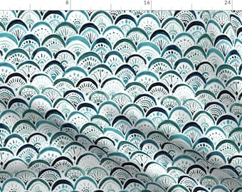 Watercolor Mermaid Scales Fabric - Mermaid Lagoon By Crystal Walen- Mermaid Scales Fish Scalloped Cotton Fabric By The Yard With Spoonflower