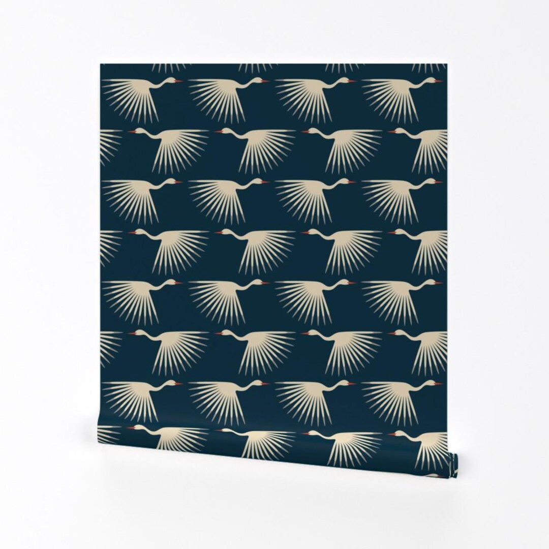 Art Deco Crane Removable Peel and Stick Wallpaper - Dark Teal Blue ...