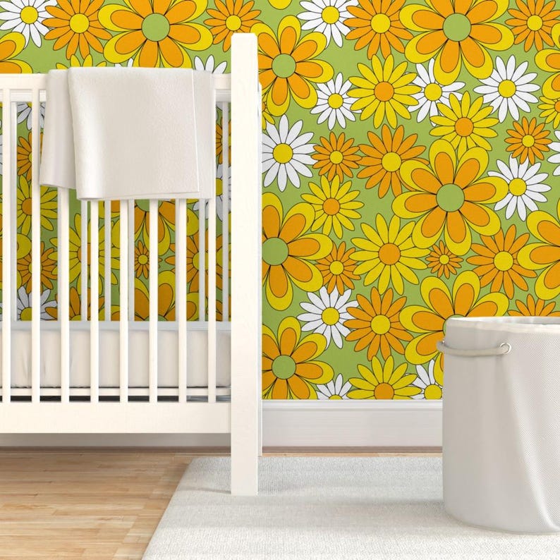Retro Floral Removable Peel and Stick Wallpaper - 70s Yellow Orange ...